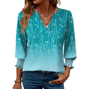 Women's 2025 Fashion 3/4 Sleeve Blouse Floral V-Neck Ruffled Top Business Casual Summer Lightweight Tee Shirt - 1 of 4