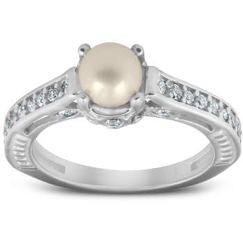 Pompeii3 Diamond Pearl Vintage Gatsby Style Ring 14K White Gold