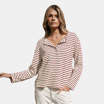 Women's Striped Long Sleeve Jersey Henley Shirt - Cupshe