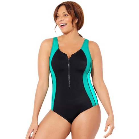 Swimsuits For All Women's Plus Size Chlorine Resistant Zip Up Swim