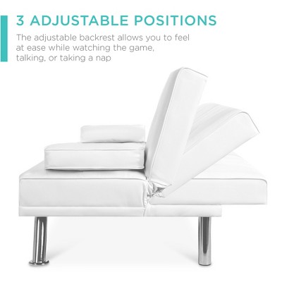 White Faux Leather Convertible Sleeper Sofa with Cup Holders