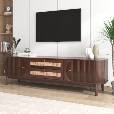 NicBex Rattan TV Stand for 75 Inch TV,TV Entertainment Center with 2 Drawers and 2 Sliding Doors,TV Console Table for Living Room