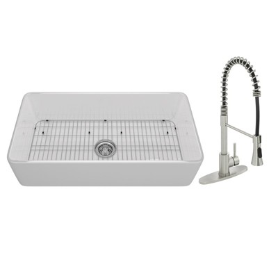 CASAINC 36'' Rectangular Single Bowl Fireclay Farmhouse Apron Kitchen Sink with Pulldown Faucet, White