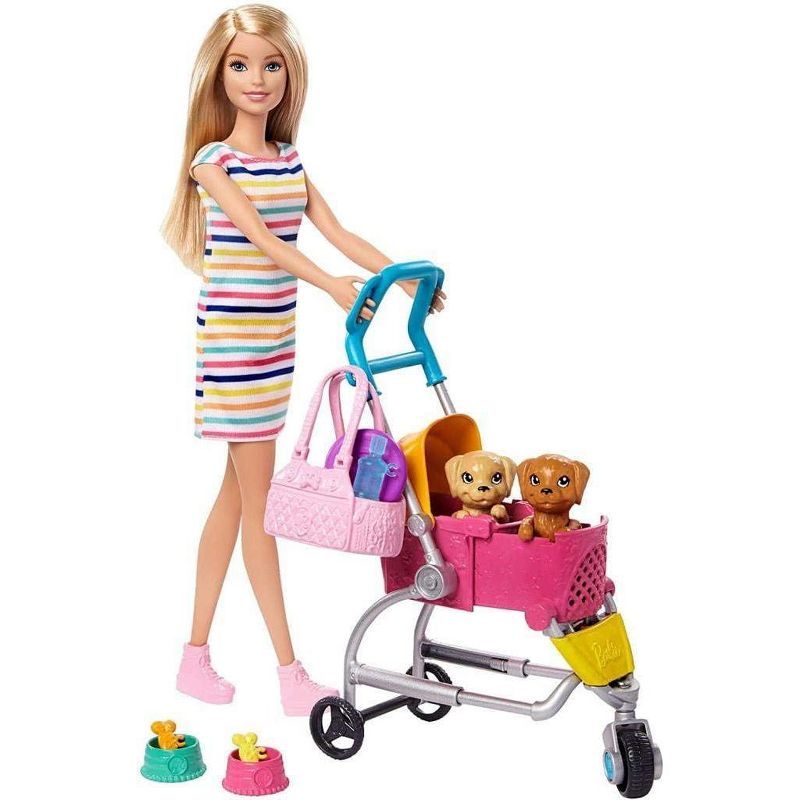 Barbie Dogwalking Doll & Accessories, Stroll & Play Pups Playset with Transforming Stroller, 2 Pets & Handbag, Blonde Doll, 1 of 7