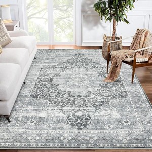 Oriental Machine Washable Rug, Vintage Area Rug Non-Slip Floor Carpet, Easy-Cleaning Rug for Bedroom Office Home Decor - 1 of 4