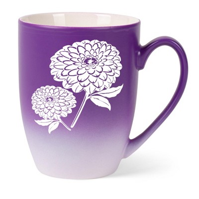 Elanze Designs Botanical Floral Nature Coffee Cup Mug 12 Ounce Ceramic With Ombre Gradient Elegant Minimalist Zinnia Flower Silhouette Purple and