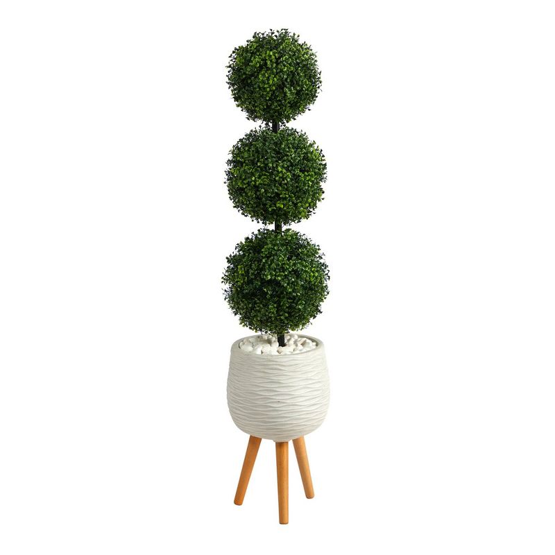 Nearly Natural 51-in Boxwood Triple Ball Topiary Artificial Tree in White Planter with Stand (Indoor/Outdoor, 1 of 5