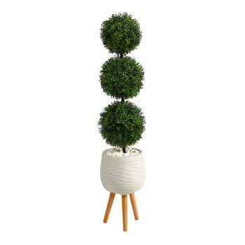 Nearly Natural 51-in Boxwood Triple Ball Topiary Artificial Tree in White Planter with Stand (Indoor/Outdoor