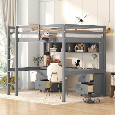 Streamdale Full Size Loft Bed with Desk, Cabinets, Drawers and Bedside Tray, Charging Station, Gray