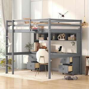 Streamdale Full Size Loft Bed with Desk, Cabinets, Drawers and Bedside Tray, Charging Station, Gray - 1 of 4