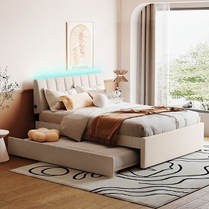 Queen/Full/Twin Size Teddy Fleece Upholstered Platform Bed with Trundle Bed and LED Lights-ModernLuxe - 1 of 4