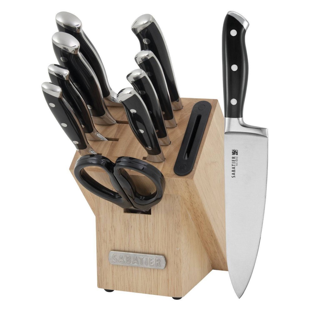 Photos - Bakeware Sabatier 16pc Triple Rivet Rubberwood Block Knife Set: High Carbon Stainless Steel, Ergonomic Handle, Kitchen Cutlery 