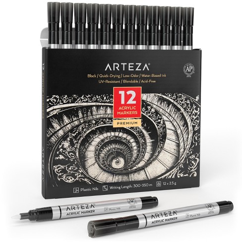 Arteza Acrylic Paint Markers Art Supply Set, Black Fine Nib - 12