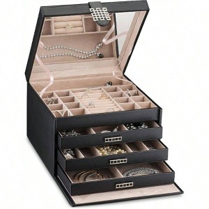 Extra Large Jewelry Box Organizer - 42 Slot Holder, Drawer, Mirror 4 Trays - PU Leather, Black - 1 of 4