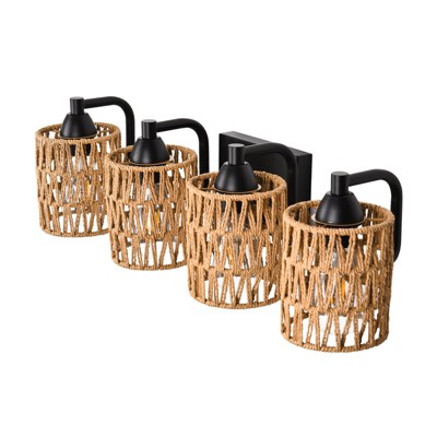 PAKOKULA 4-Light Boho Matte Black Vanity Light with Yellow Woven Shade