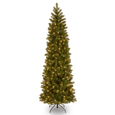 National Tree Company Pre-Lit 'Feel Real' Artificial Slim Downswept Christmas Tree, Green, Douglas Fir, White Lights, Includes Stand, 6.5ft