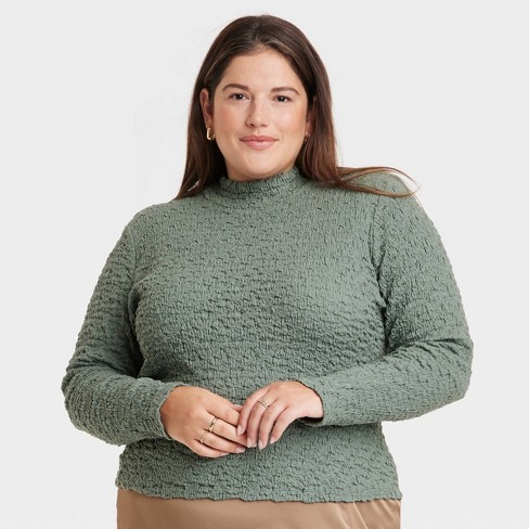 Women's Ruched Mock Turtleneck Long Sleeve T-Shirt - A New Day™ Green 4X