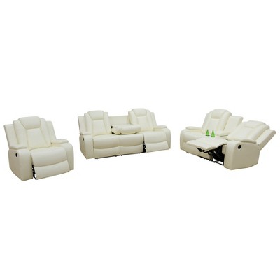 Tribesigns Breathing Leather 3-Piece Recliner Sofa Set with Adjustable Backrest, Storage, Wireless Charger & LED Lighting, White for Living Room