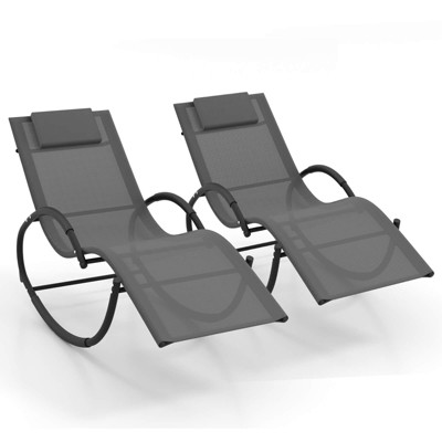 Costway 1/2 PCS Outdoor Rocking Lounge Chair with Removable Headrest Breathable Backrest & Seat Grey