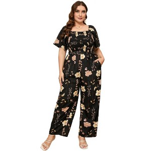 Clearlove Jumpsuits for Plus Size Women Casual Square Neck One Piece Floral Wide Leg Rompers - 1 of 4