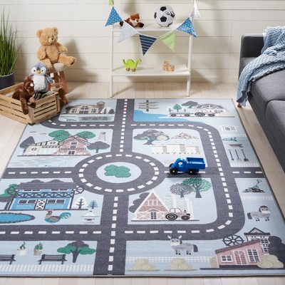 Blue and Dark Grey Square Kids Playhouse Area Rug