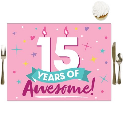 Big Dot of Happiness Girl 15th Birthday - Party Table Decorations - Teen Birthday Party Placemats - Set of 16