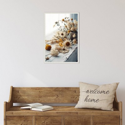 White and Yellow Beaded Frame Botanical Canvas Wall Art