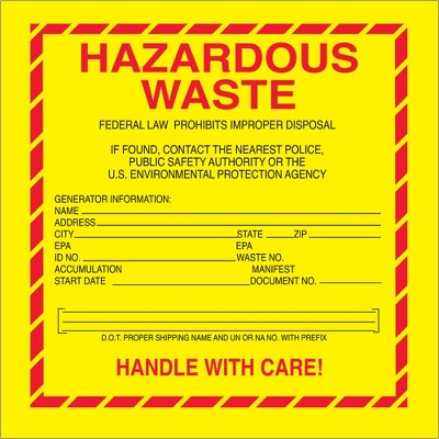 Tape Logic Labels "Hazardous Waste - Standard" 6" x 6" Red/Yellow/Black 500/Roll DL7530