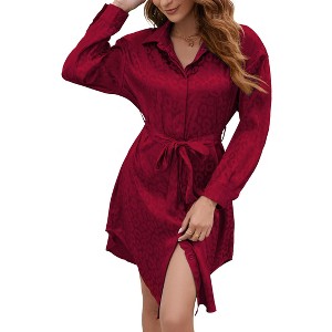Clearlove Women's Satin Shirt Dress Leopard Print Long Sleeve Button Down Dresses with Belt - 1 of 4