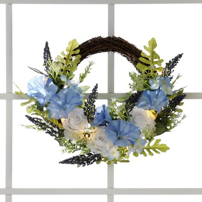 Lakeside Lighted Faux Blue Florals Wall Hanging Easter Wreath - Artificial Holiday Accent