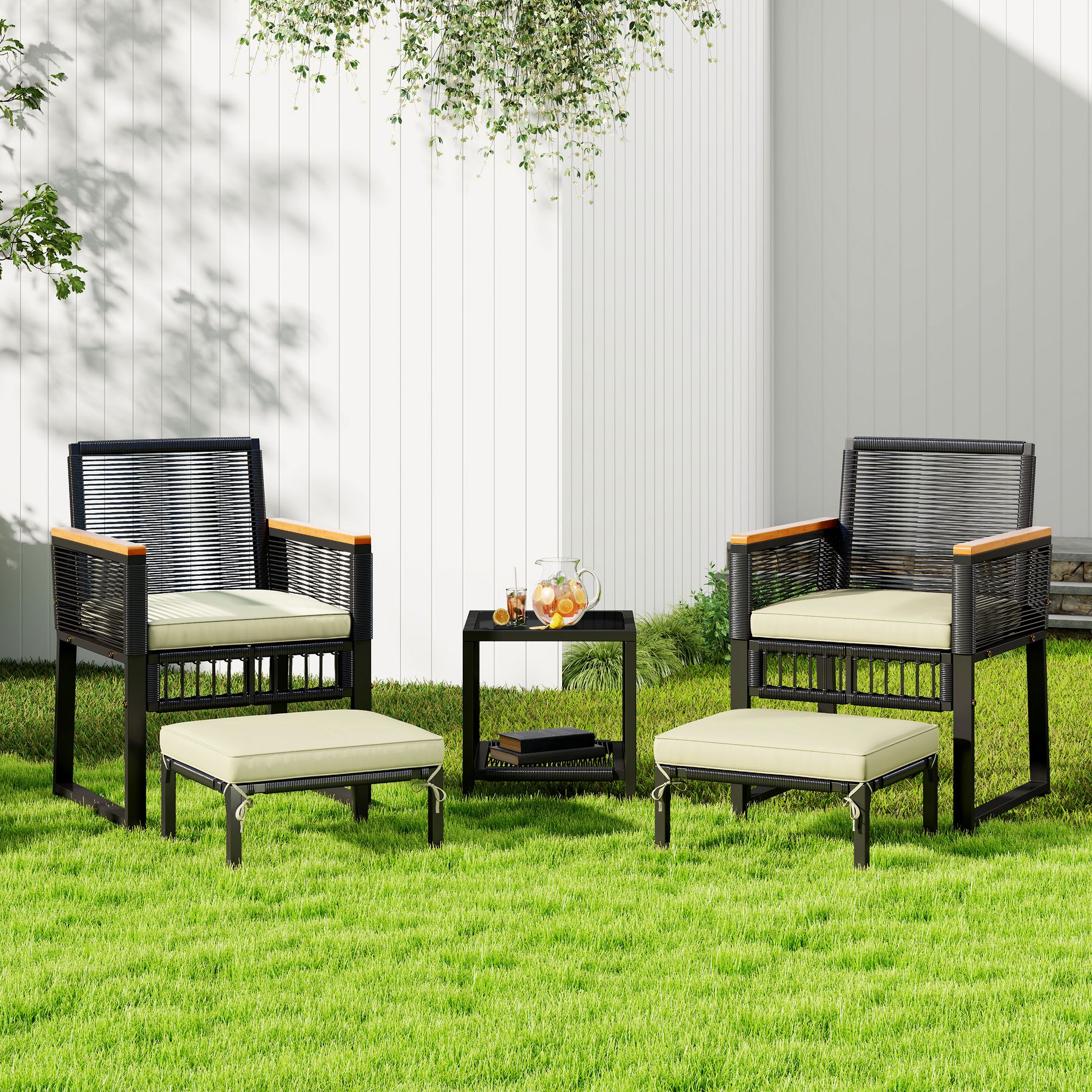 Yaheetech 5-Piece Wicker Patio Conversation Set, Rattan Furniture with Table, Chairs, Ottomans & Cushions for Garden, Balcony, Deck, Black/Beige
