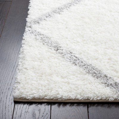 White and Gray Geometric Shag Runner Rug, 2' x 9'