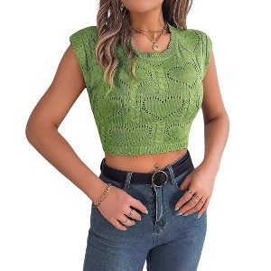 BLUEMING Womens Knit Sweater Cropped Tank Tops Pleated Neck Crochet Heart Hollow Out Sleeveless Going Out Tops - 1 of 4