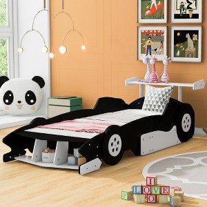 Twin Size Race Car-Shaped Platform Bed with Wheels and Safety Rails - 1 of 4
