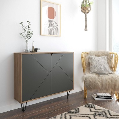 Nutmeg and Charcoal Grey Slim 2-Door Storage Cabinet with Adjustable Shelving