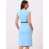 INSPIRE CHIC Women's Elegant Business Round Neck Belted Cap Sleeve Work Sheath Dresses - 3 of 4