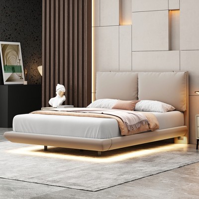 Queen/Full Size Upholstered Platform Bed with Sensor Light, USB Port, Socket and 2 Large Backrests-ModernLuxe
