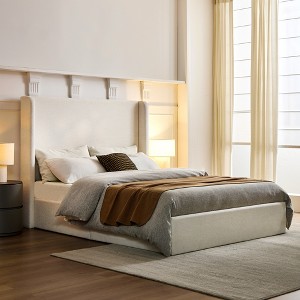 Queen Size Upholstered Wingback Bed with Strong Metal Frame - 1 of 4
