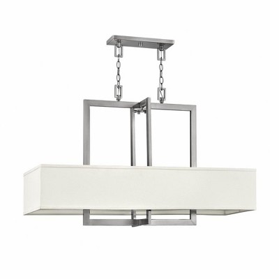 Elegant Antique Nickel 4-Light Linear Chandelier with Off-White Linen Shade