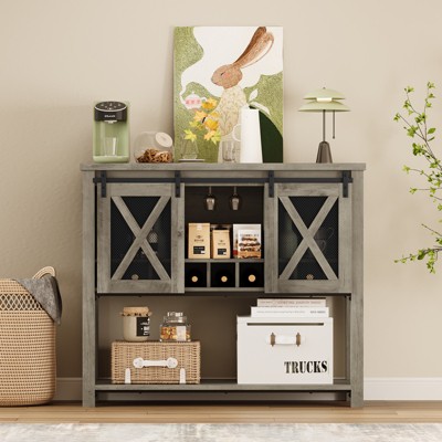 COZONY Farmhouse Bar Cabinet with Wine Glass Rack - Buffet Sideboard with Barn Door for Kitchen, Dining & Living Room