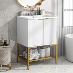24"W Bathroom Vanity with Sink, Bathroom Cabinet with Two Doors,  Open Storage Shelf and Gold Metal Frame, White-ModernLuxe - 1 of 4