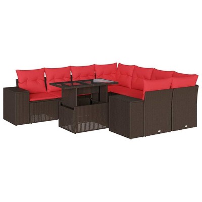 vidaXL Patio Sofa Set with Cushions Table and Couches 9 Piece Poly Rattan - Brown without storage
