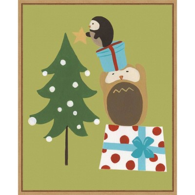 16" x 20" Happy Owlidays VI Owl and Christmas Tree by June Erica Vess Framed Canvas Wall Art - Amanti Art