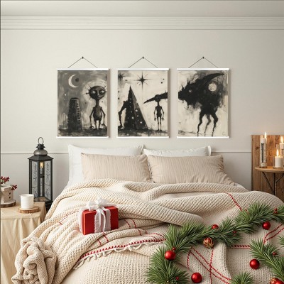 Simple Triad Black Hanging Art on Rods, 30x40cm, Decorative Piece for Living and Bedroom Spaces