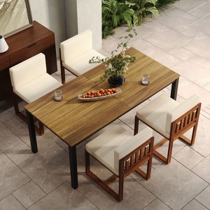 CAVINAS Small Dining Table Set for 4, Acacia Wood Picnic Table Modern Patio Table and Chairs Set with 4 Chairs for Patio, Teak+ Beige - 1 of 4