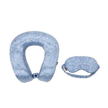 Blue Tonal Paisley Print Poly Adult Satin Neck Pillow and Eye Mask Set