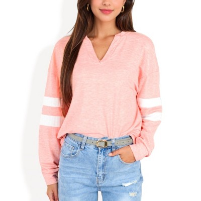 Anna-Kaci Women's Long Sleeve V-Neck Pullover with Contrast Sleeve Stripes