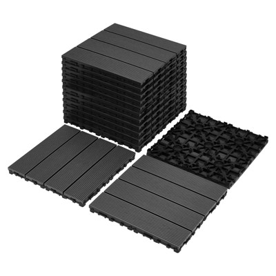 DSVIMOY 11.8" Patio Deck Tiles, 9pcs DIY Module Interlocking Decking Tiles, Floor Tile for Porch Poolside, Balcony, Black, 11.8"*11.8"*0.98"