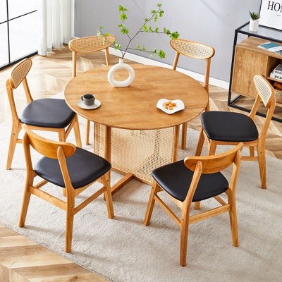 NicBex Dining Table Set for 6 Kitchen Table Ancient Solid Wood Dining Table Imitation Rattan Table Legs Simple Solid Wood Dining Chair