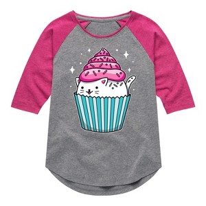 Girls' - Instant Message - Cat Cupcake Shirt Tail Raglan Graphic T-shirt - 1 of 4